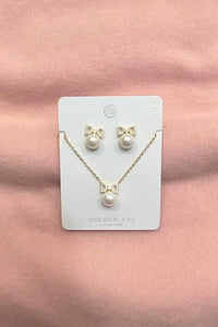 Pearl & Bow Stud Earring & Necklace Set