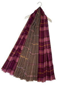 Houndstooth And Tartan Print Frayed Scarf