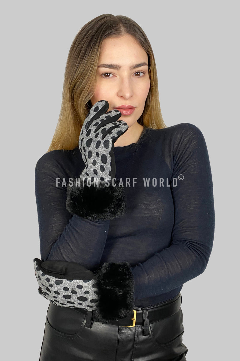Faux Fur Trim Dalmatian Spot Print Suede Touchscreen Gloves Fashion