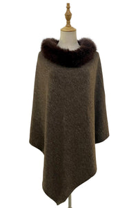 Plain Faux Fur Collar Wool Poncho