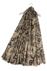 Decorative Gold Foil Floral Print Frayed Scarf