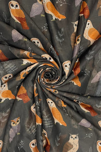 Mixed Owl & Leaf Print Frayed Scarf