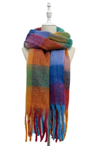 Multi Check Print Wool Tassel Scarf