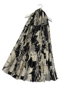 Gold Foiled Botanical Flower Print Frayed Scarf
