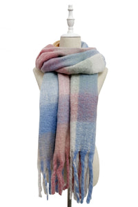 Multi Check Print Wool Tassel Scarf