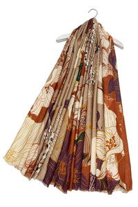 Beautiful Lily Flower Border Print Frayed Scarf