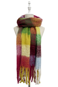 Multi Check Print Wool Tassel Scarf