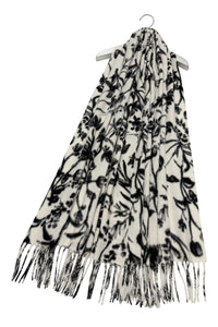 Monochrome Floral Print Wool Tassel Scarf