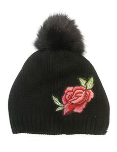 Embroidery Rose Faux Fur Pom Pom Beanie Hat