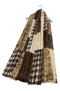 Houndstooth Check Wool Frayed Scarf