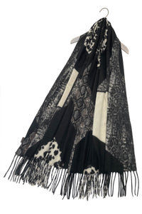 Reptile & Leopard Block Print Wool Tassel Scarf