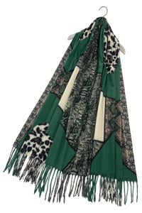 Reptile & Leopard Block Print Wool Tassel Scarf