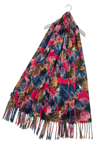 Colourful Gingko Print Wool Tassel Scarf