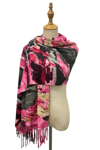 Abstract Ink Camouflage Print Wool Tassel Scarf