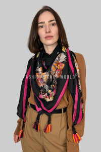 Symmetrical Butterfly Print Square Tassel Scarf