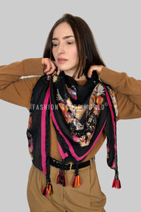 Symmetrical Butterfly Print Square Tassel Scarf