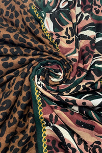 Jungle Leaf Leopard Print Frayed Scarf
