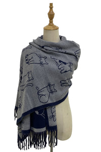 Cute Illustrated Cat Reversible Tassel Scarf