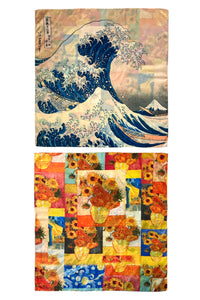 Hokusai's The Great Wave And Van Gogh Patchwork Reversible Silk Square Scarf