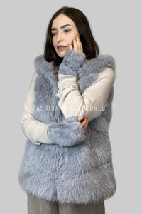 Plain Faux Fur Stripe Hooded Gilet Jacket