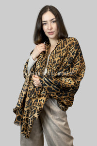 Metallic Leopard Animal Print Frayed Scarf