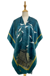 Japanese Crane Art Print Silk Kimono - Teal