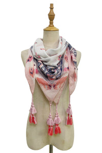 Delicate Feather Border Print Square Tassel Scarf