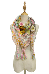 Detailed Floral With Aztec Border Square Tassel Scarf