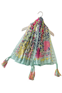 Detailed Floral With Aztec Border Square Tassel Scarf