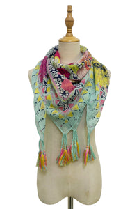 Detailed Floral With Aztec Border Square Tassel Scarf