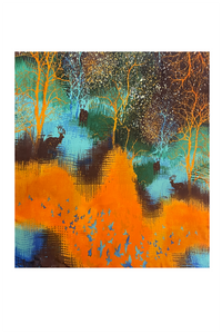 Vibrant Elk & Woodland Print Silk Scarf