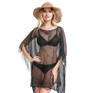 Metallic Thread Tassel Side Poncho / Coverup