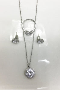 Sparkling Stud Earring Necklace & Ring Set - Silver