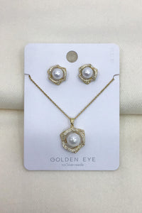 Pearl Floral Stud Earring & Necklace Set - Gold