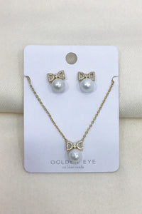 Pearl & Bow Stud Earring & Necklace Set