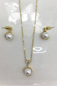 Delicate Pearl Drop Stud Earring & Necklace Set - Gold