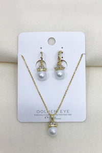 Diamante Pearl Drop Hoop Earring & Necklace Set - Gold
