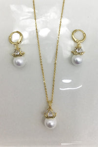 Diamante Pearl Drop Hoop Earring & Necklace Set - Gold