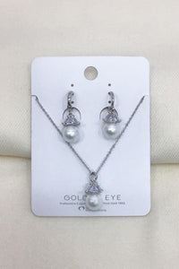 Diamante Pearl Drop Hoop Earring & Necklace Set - Silver