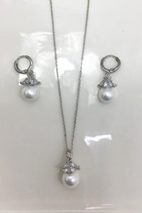 Diamante Pearl Drop Hoop Earring & Necklace Set - Silver