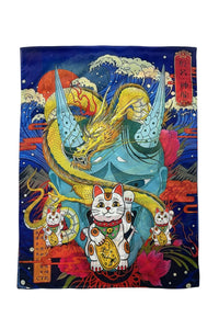 Japanese Dragon & Lucky Cat Print Silk Scarf