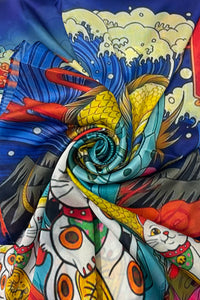 Japanese Dragon & Lucky Cat Print Silk Scarf