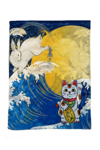 Japanese Lucky Cat & Rabbit Print Silk Scarf