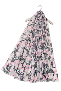 Scattered Zebra & Floral Print Frayed Scarf