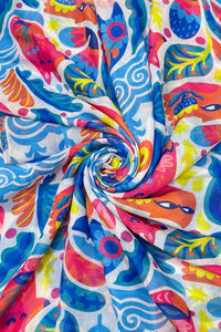 Vibrant Fox & Owl Floral Print Frayed Scarf