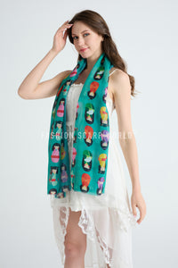 Japanese Doll Print Frayed Scarf