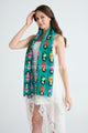 Japanese Doll Print Frayed Scarf