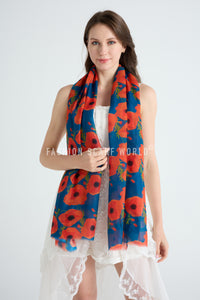 Vibrant Poppy Floral Print Frayed Scarf