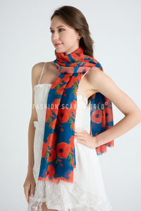 Vibrant Poppy Floral Print Frayed Scarf