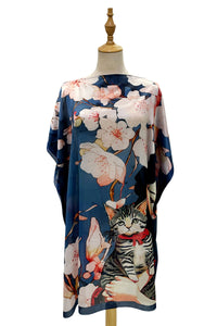 Japanese Lady & Cat Blossom Print Silk Cover Up